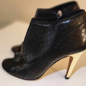 CHANEL Black Perforated Leather Open Toe Booties | Authentic